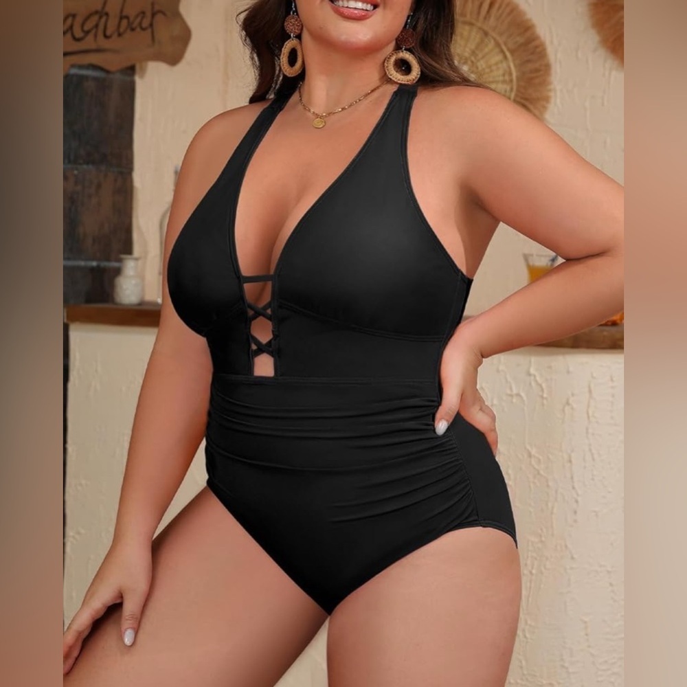 Adore Me Black One-Piece Swimsuit with Plunging V-Neck
Size 1X
Color black 
New